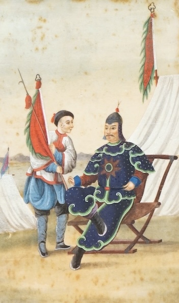 19th century, Chinese School, Portrait of a General and attendant, pith paper painting, 23 x 13cm